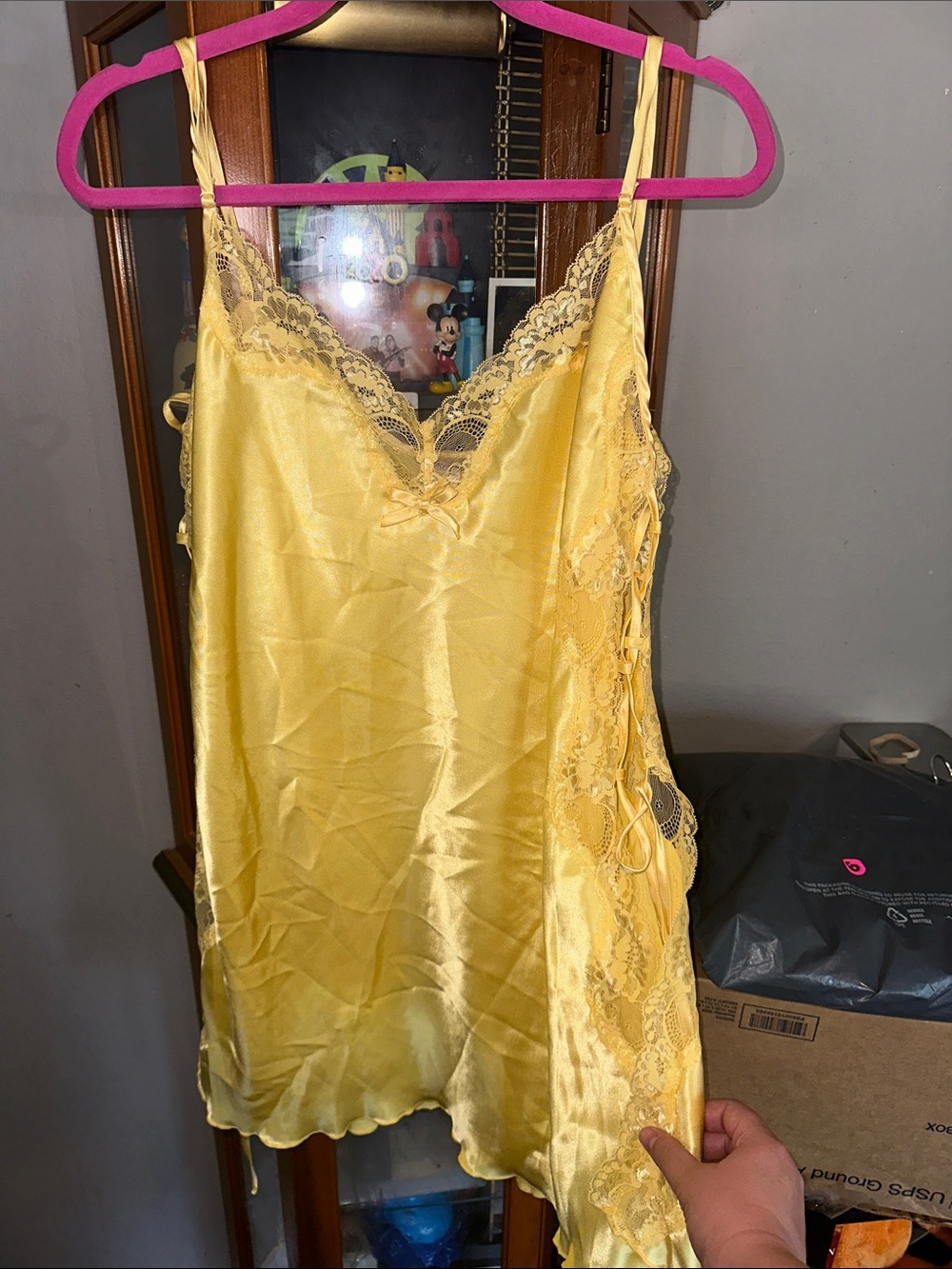 Yellow Lace-Trim Satin Chemise with Delicate Side Panels